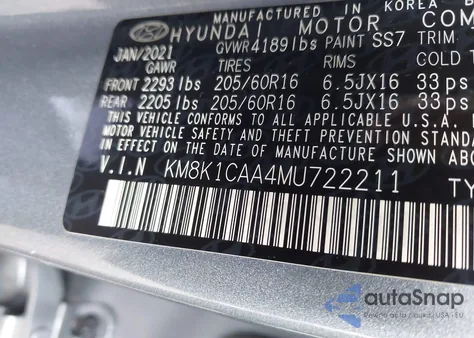 2021 Hyundai Kona Se из США, поврежденный, VIN KM8K1CAA4MU722211